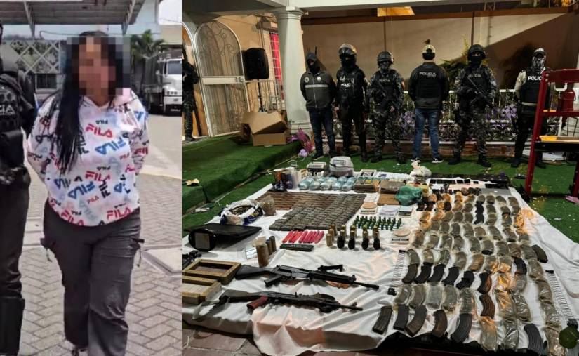 Imagen de Annabel M.L junto al arsenal de armas que se encontraron en su vivienda en Barrio Cuba, Guayaquil.