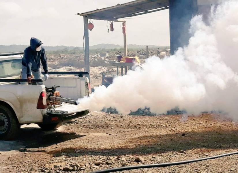 Imagen de archivo de una trabajador del MSP fumigando un sector de Engabao, en el cantón Playas, provincia del Guayas.