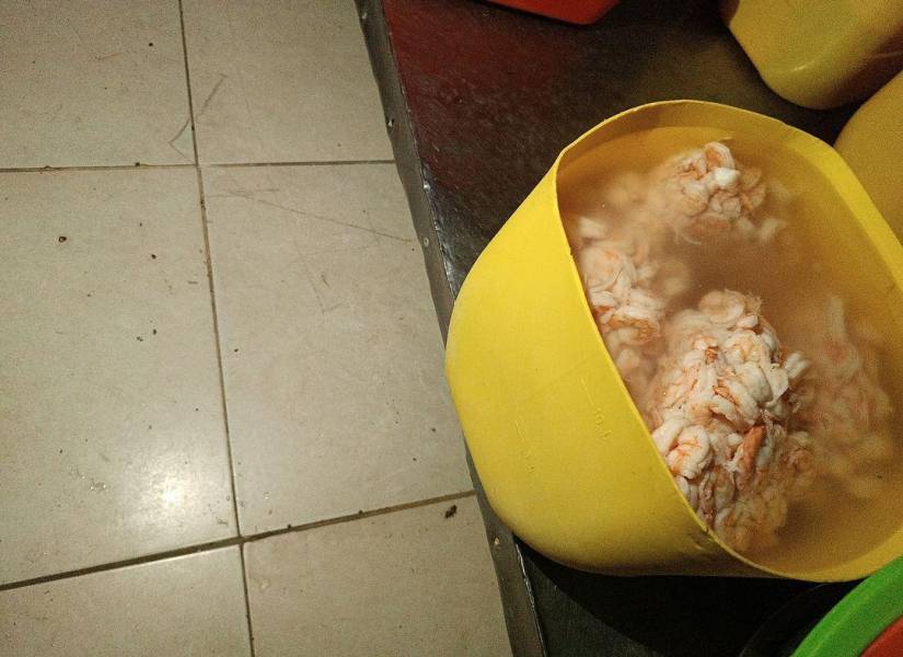 Imagen de un camarones cerca del piso y donde paseaban cucarachas, en un chifa de Cuenca.