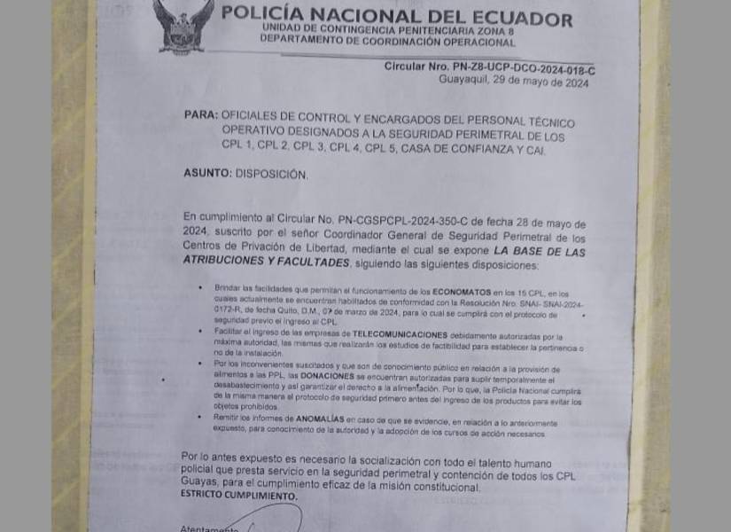 Imagen del oficio de la Unidad de Contingencia Penitenciaria de la Policía Nacional con el que se permite las donaciones en las cárceles de Guayaquil.