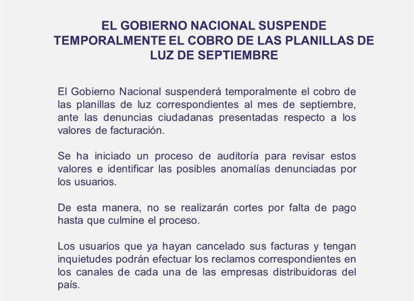 Imagen del comunicado sobre la suspensión temporal del cobro de planillas de septiembre.