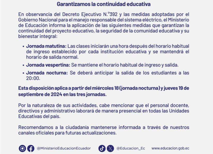 El comunicado del Ministerio de Educación sobre el apagón entre el miércoles 17 y jueves 18 de septiembre.