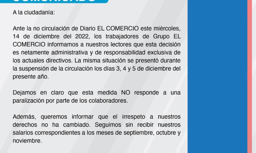 Diario El Comercio no circula por cuarta vez en este mes y los trabajadores siguen impagos
