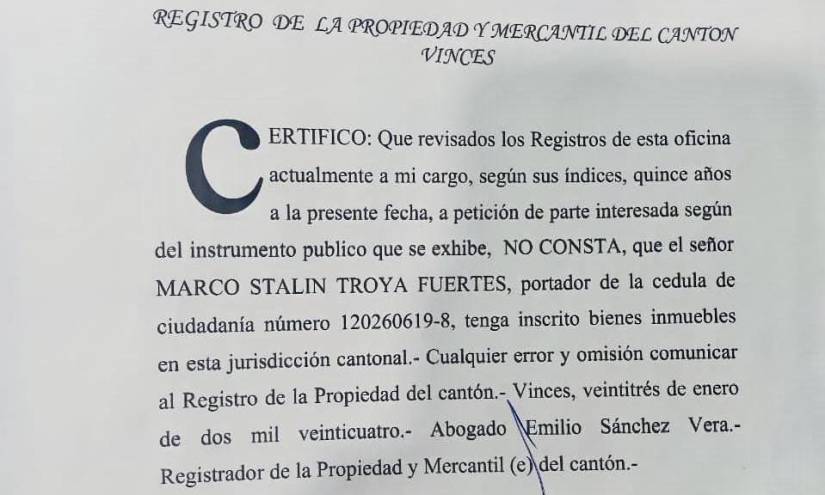 Certificado del Registro de la Propiedad de Vinces del GAD Municipal de Vinces.