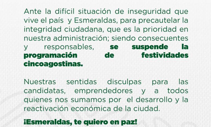 Samborondón y Esmeraldas suspenden fiestas en medio de situación de inseguridad