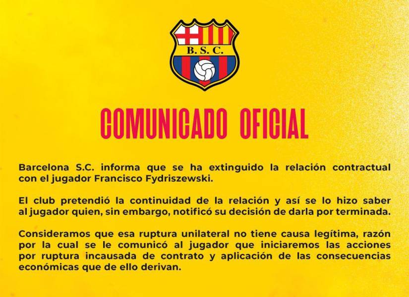 Comunicado oficial de Barcelona SC sobre la salida del Polaco.