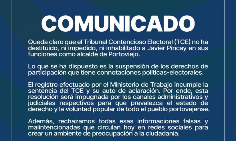 Imagen del comunicado de la Alcaldía de Portoviejo sobre la inhabilitación de ejercer cargos públicos a Javier Pincay.
