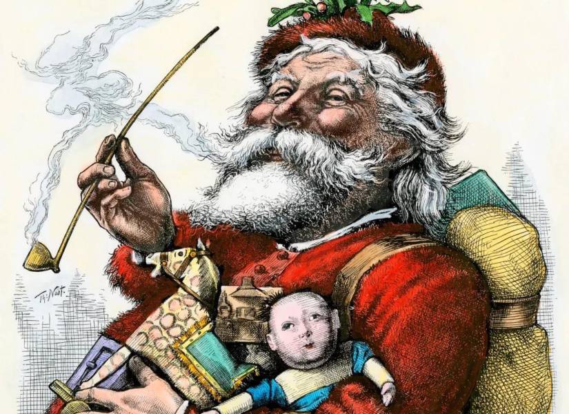 Esta versión coloreada a mano de una ilustración de Thomas Nast de 1881 es un retrato temprano y formativo que muestra a Papá Noel tal como lo retratan hoy.