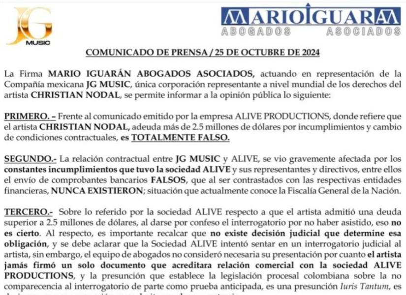 Comunicado de la firma de abogados del artista Christian Nodal