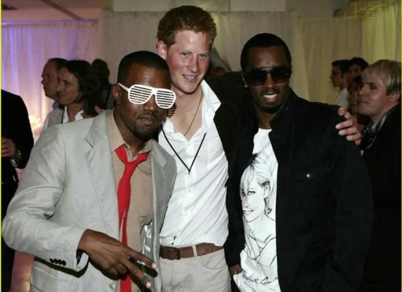 Fotografía del príncipe Harry junto a Sean Diddy Combs y Kanye West