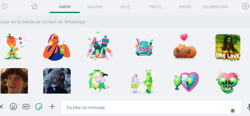 Stickers de amor en la tienda de stickers en WhatsApp Web.