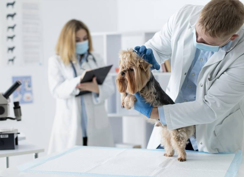 Perro siendo revisado por un veterinario