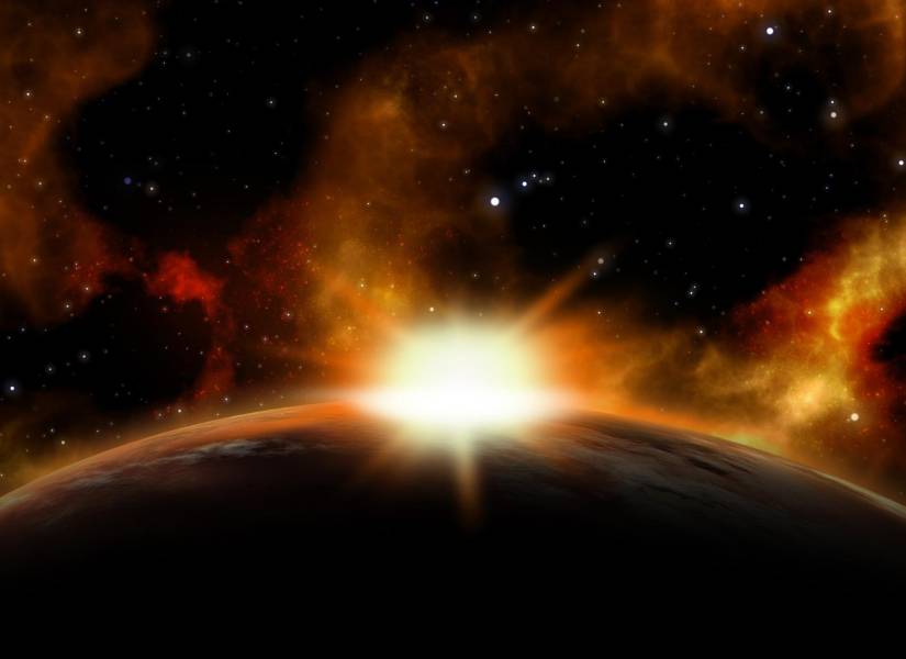 Escena espacial 3D con el sol saliendo sobre un planeta ficticio