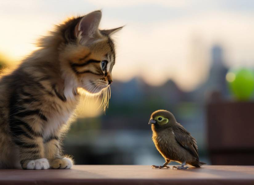 Imagen creada con AI de gato junto a un pájaro