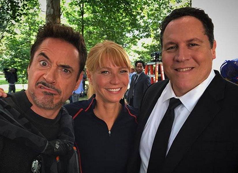Robert Downey Jr., Gwyneth Paltrow y Jon Favreau en Avengers: Infinity War