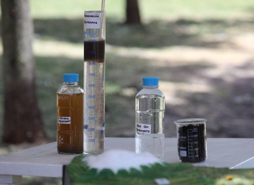 Muestras de agua de los ríos de Quito, con y sin tratamiento.