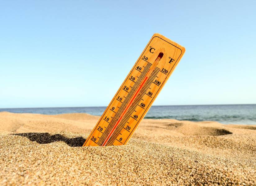 A selective focus shot of a thermometer in the beach sand with a blurred background