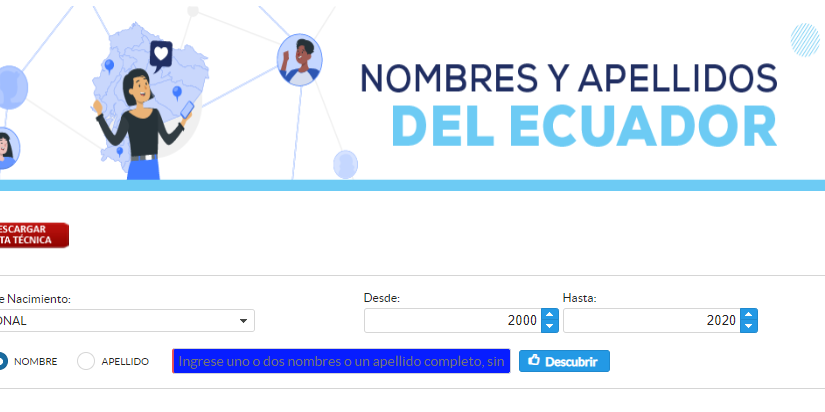 Datos de nombres y apellidos del Ecuador en la web del INEC.