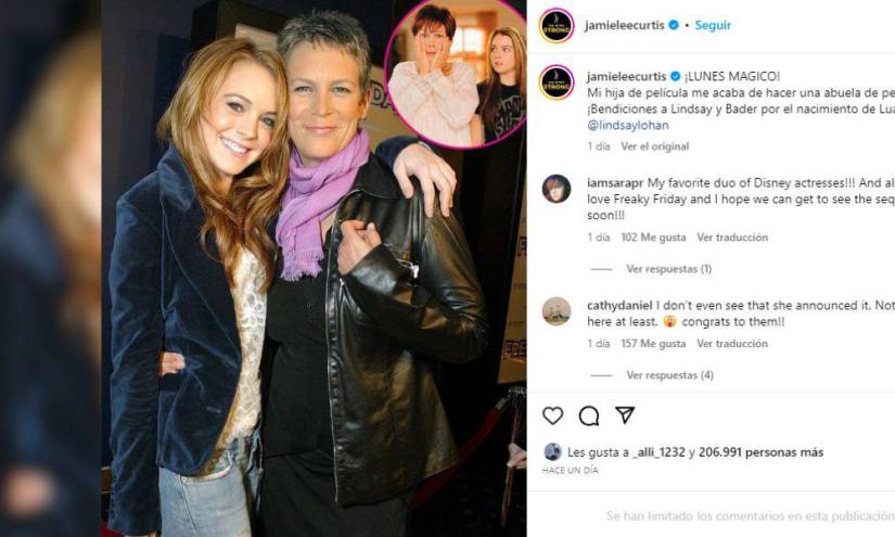 Captura del mensaje que le dedicó Jamie Lee Curtis a su hija del cine Lindsay Lohan mediante una publicación de Instagram.