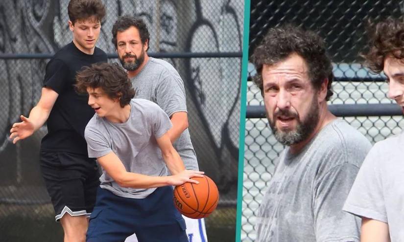 Adam Sandler y Timothée Chalamet jugando baloncesto en Nueva York. Sandler es conocido por ser un fanático de este deporte, además de protagonizar películas al respecto.