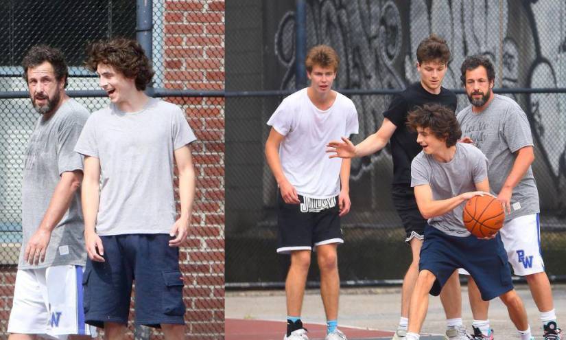 Adam Sandler y Timothée Chalamet jugando baloncesto en Nueva York. Imágenes del partido improvisado se compartieron en redes sociales.